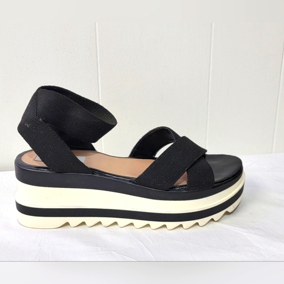 Steven New York Macon Wedge Black Elastic Ankle Strap Sandals Size 8.5 - Picture 1 of 8